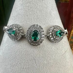 Silver-Tone Green Glass & Rhinestone Statement Bracelet